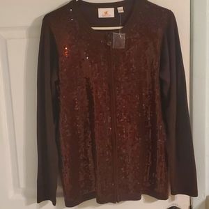 Beautiful coffee colored sequined zip up sweater size small but generously cut